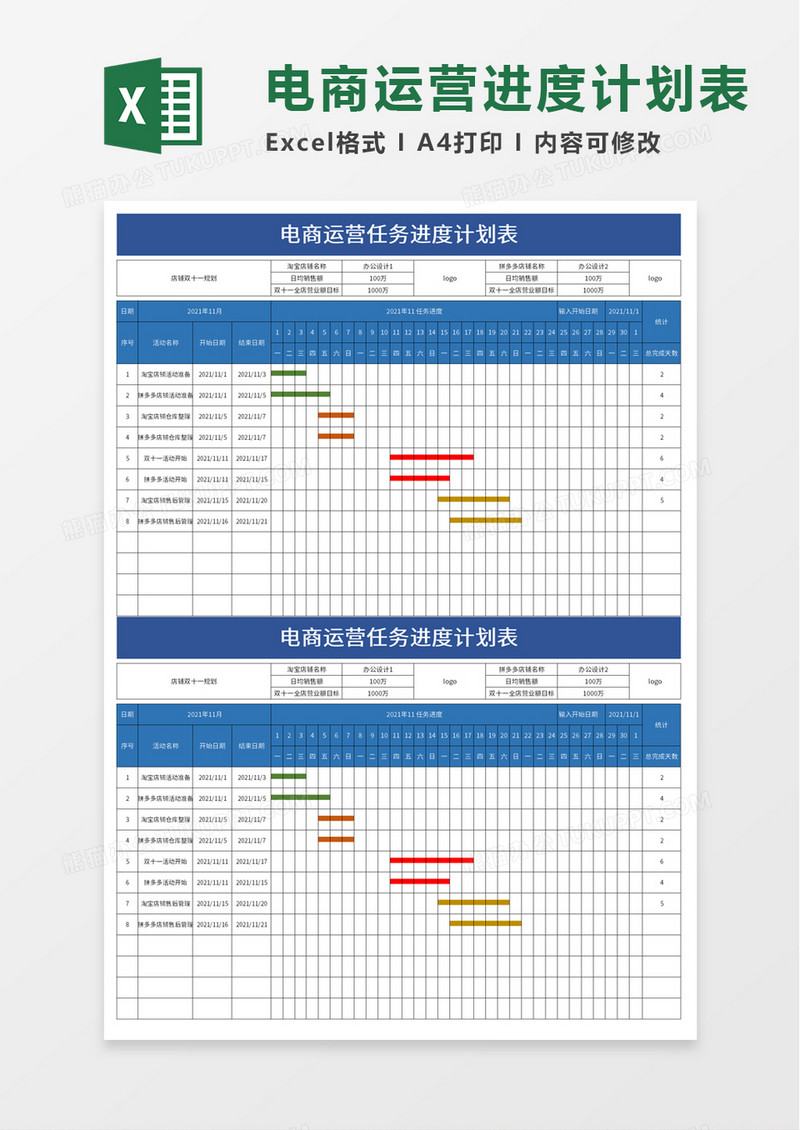 电商运营任务进度计划表excel模板