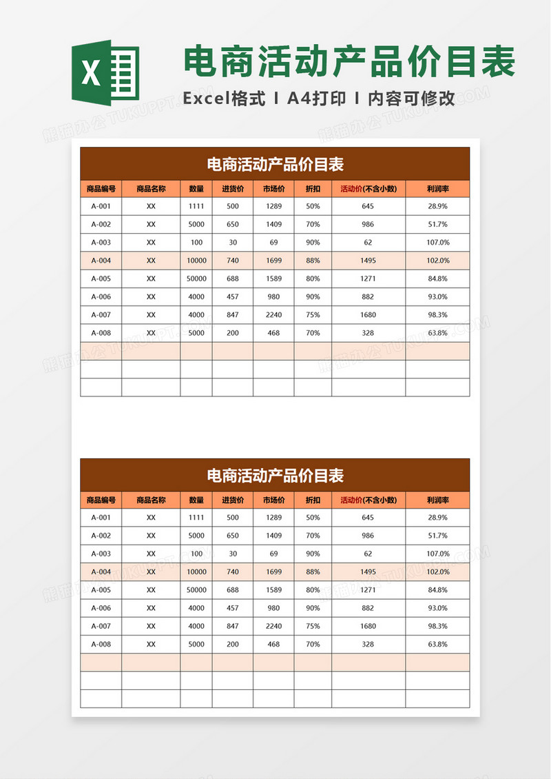 电商活动产品价目表excel模板