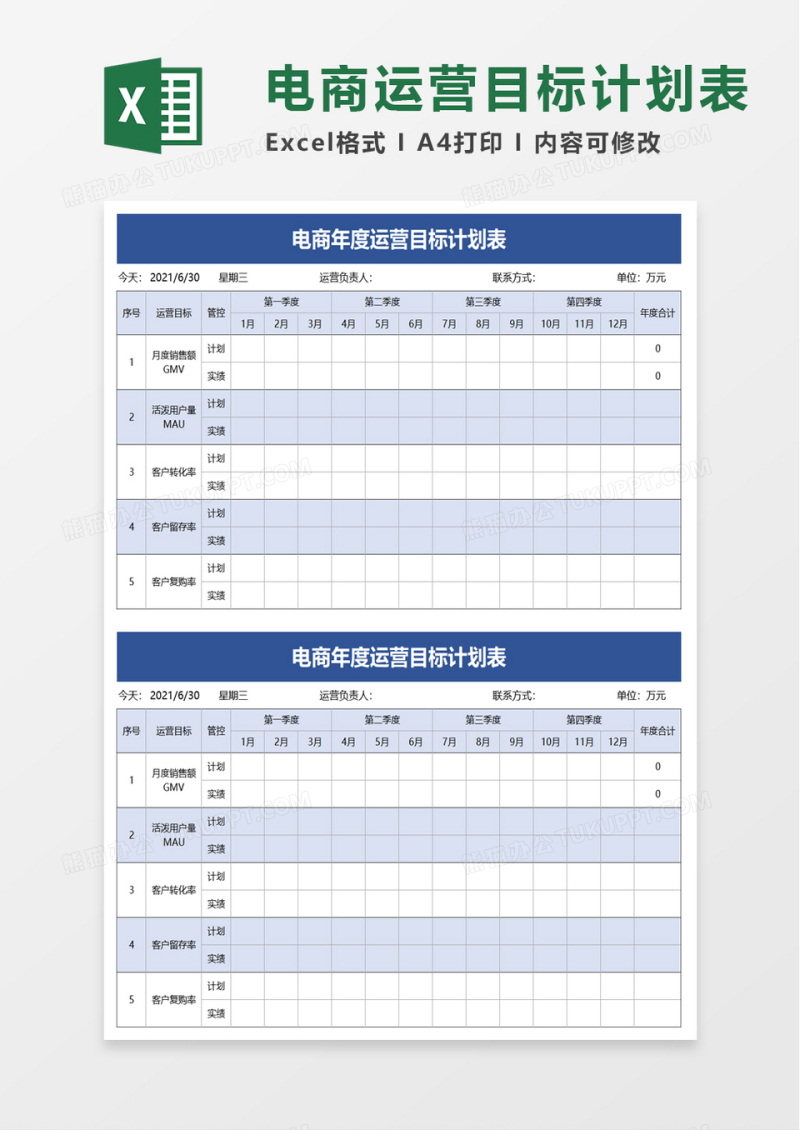 电商年度运营目标计划表excel模板