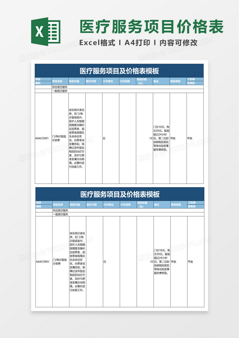 医疗服务项目及价格表模板excel模板