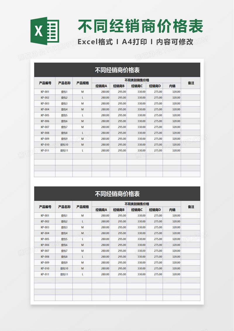 不同经销商价格表excel模板