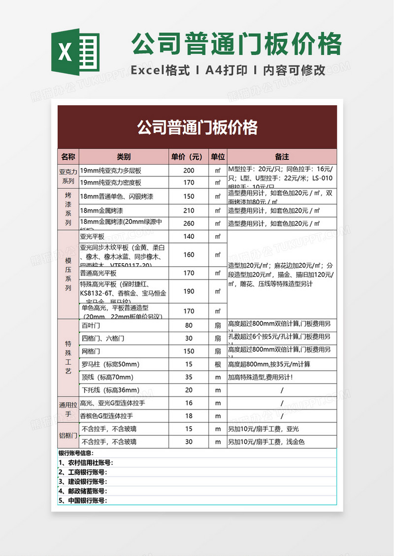 公司普通门板价格excel模板
