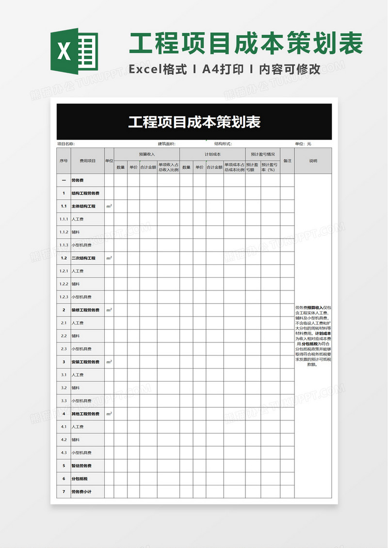 工程项目成本策划表excel模板