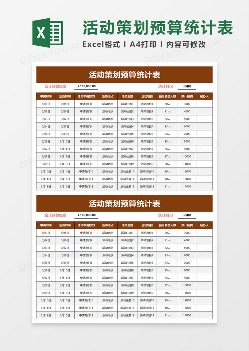 活动策划预算统计表excel模板