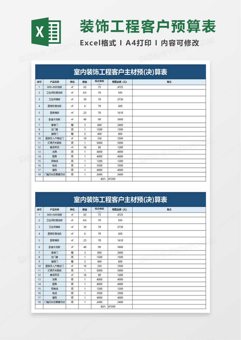 装饰工程客户主材预(决)算表excel模板