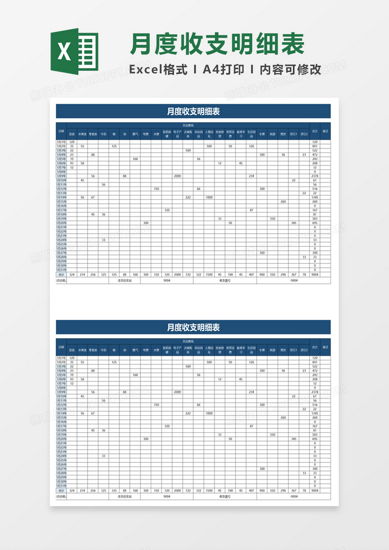 月度收支明细表excel模板