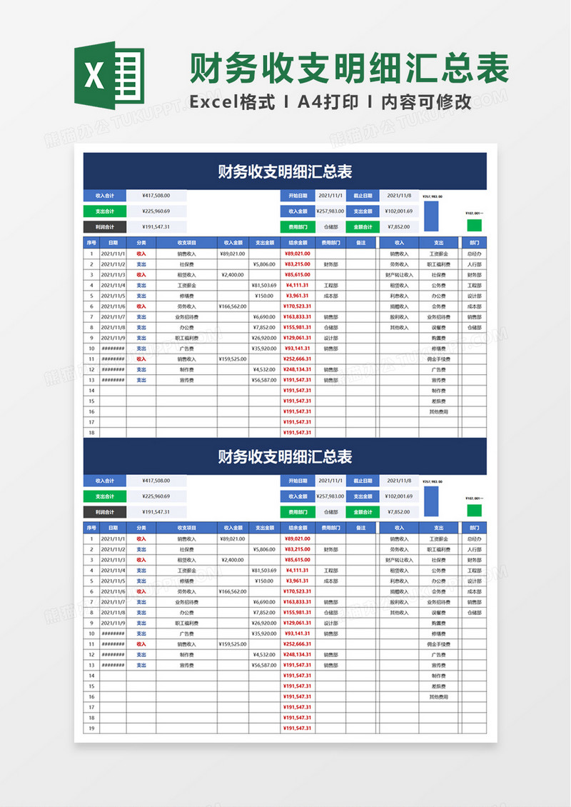 财务收支明细汇总表excel模板