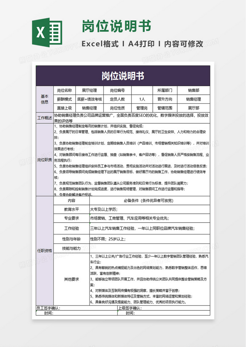 实用岗位说明书excel模板