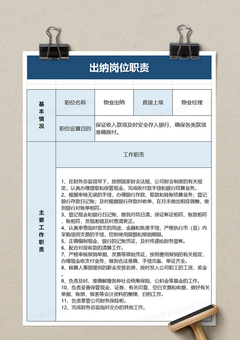 出纳岗位职责excel模板