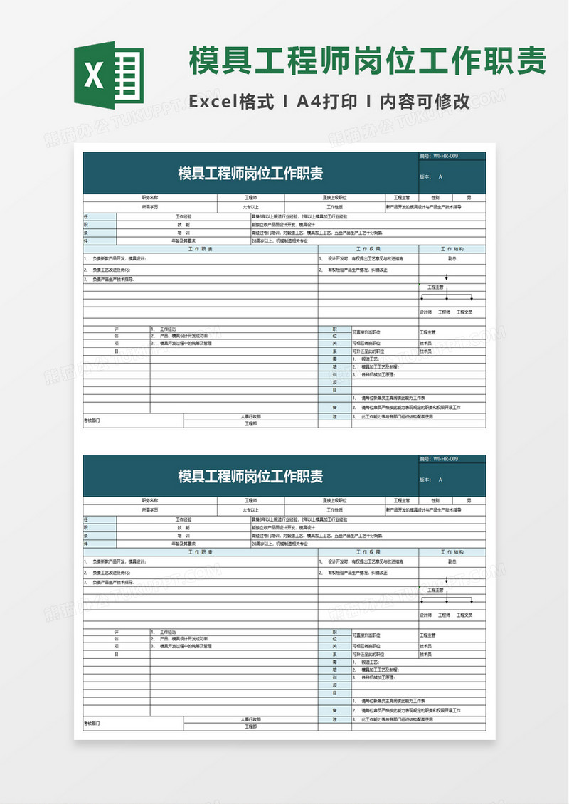 模具工程师岗位工作职责excel模板
