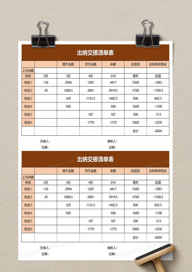 出纳交接清单表excel模板