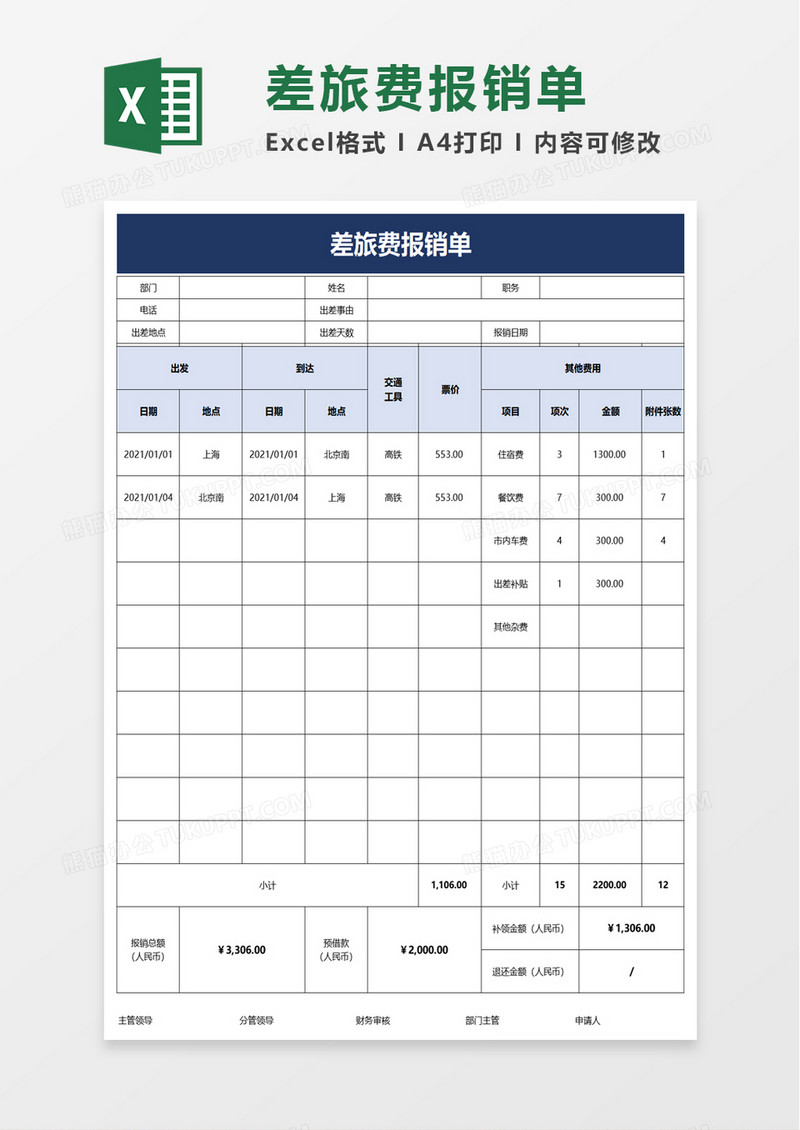 企业差旅费报销单excel模板