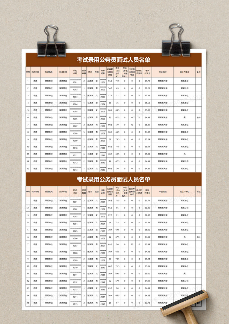 考试录用公务员面试人员名单excel模板