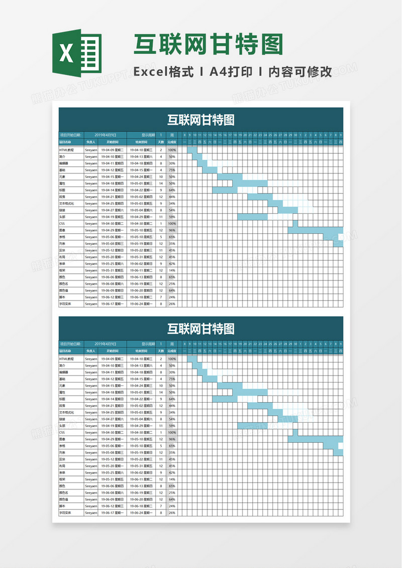 实用互联网甘特图excel模板