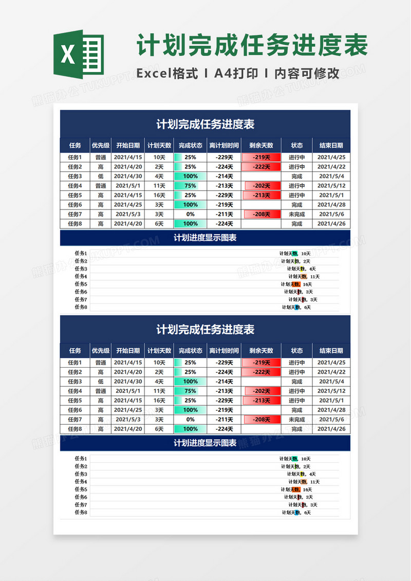 计划完成任务进度表excel模板