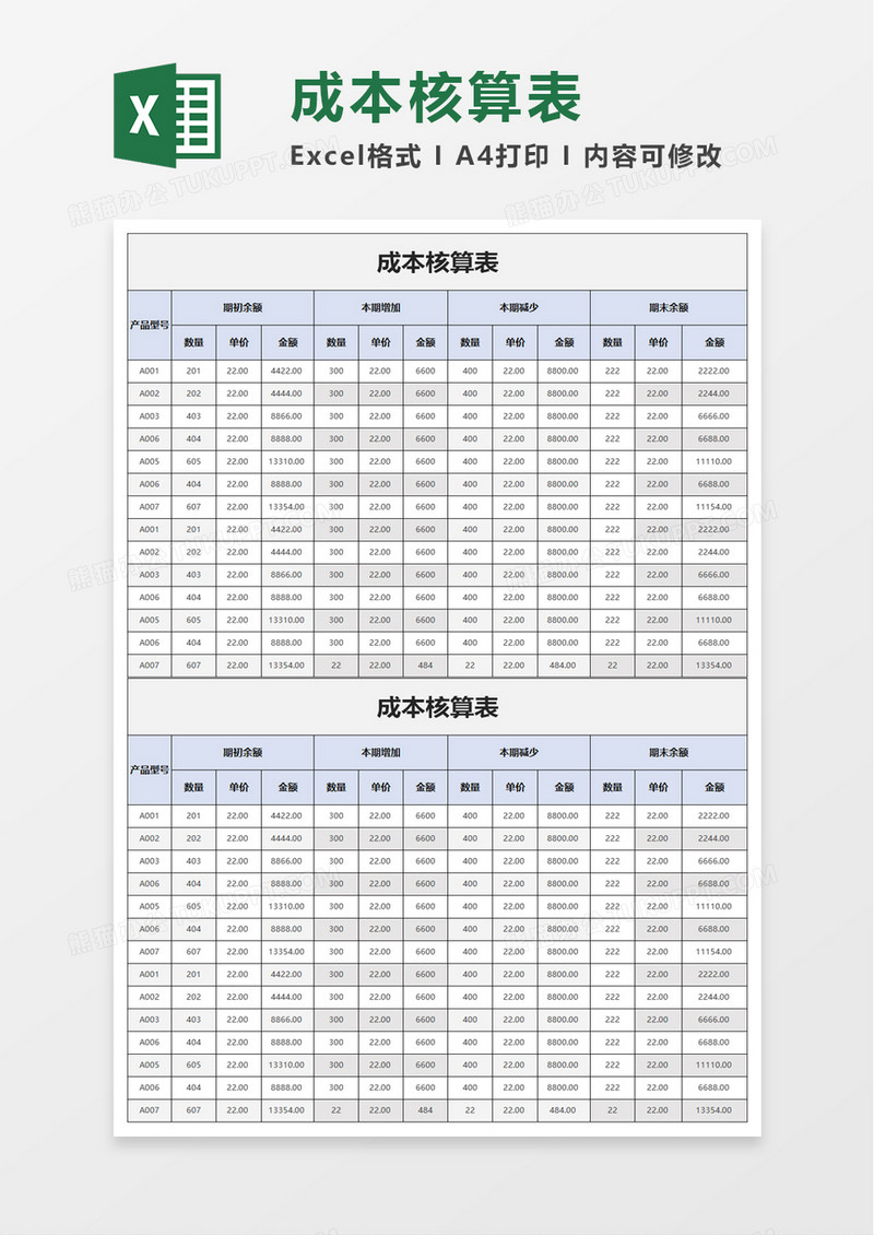 实用简约成本核算表excel模板