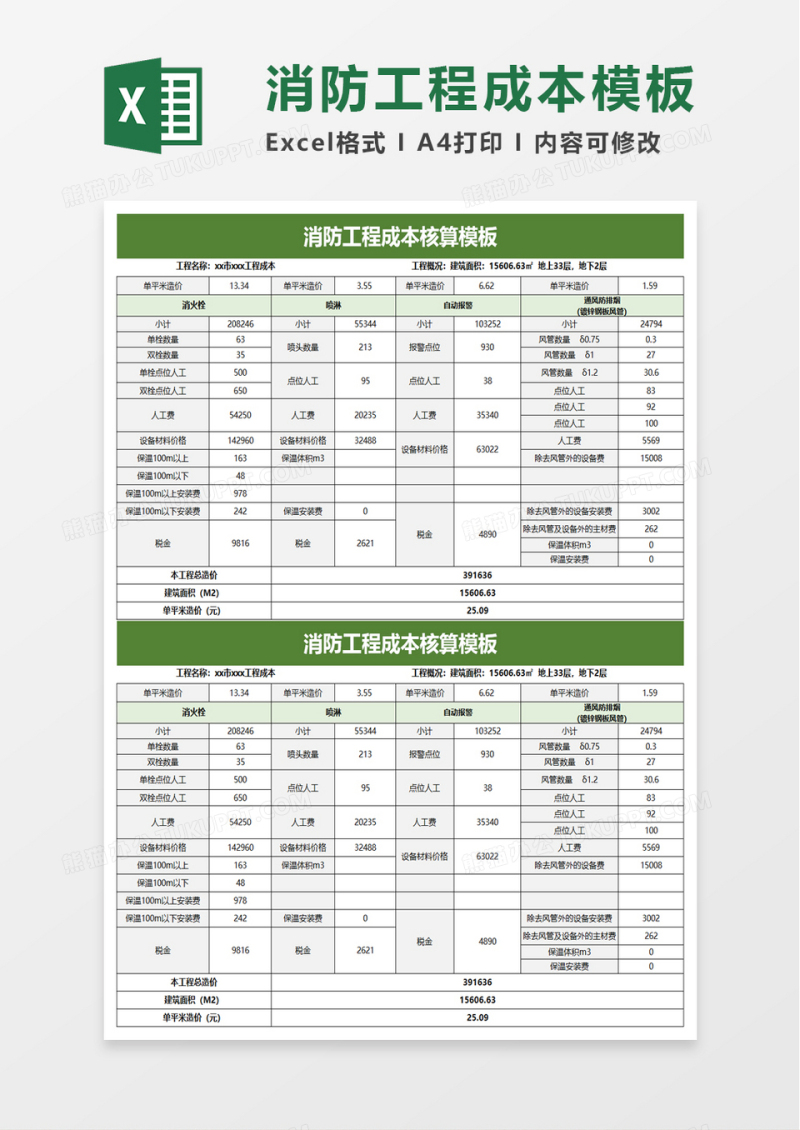消防工程成本核算模板excel模板