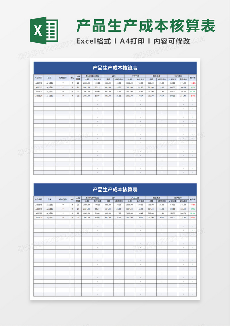 简洁简单产品生产成本核算表excel模板