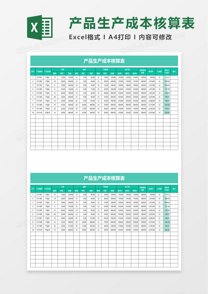 实用企业产品生产成本核算表excel模板