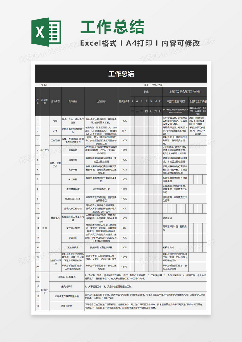 实用个人工作总结excel模板