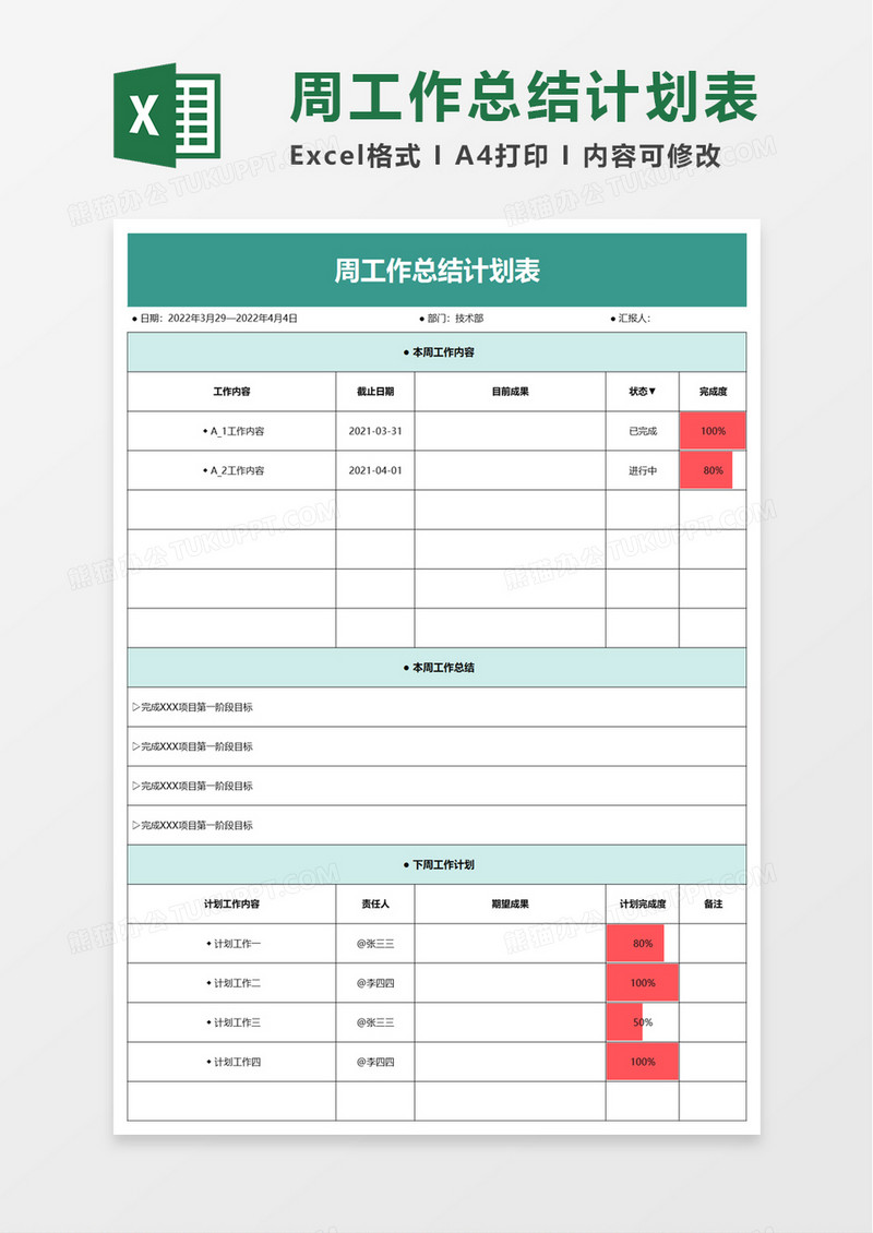 实用周工作总结计划表excel模板