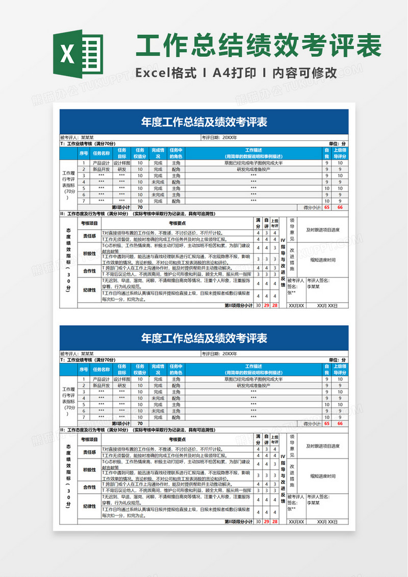 蓝色商务年度工作总结及绩效考评表excel模板