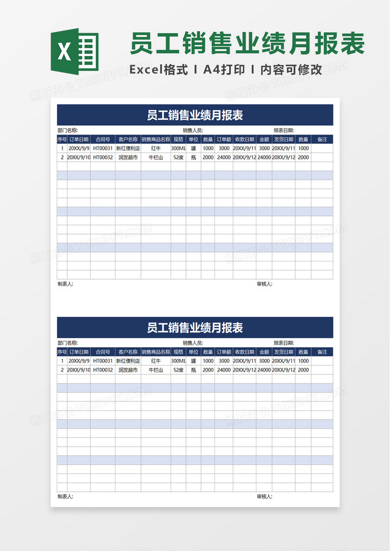 员工销售业绩月报表excel模板