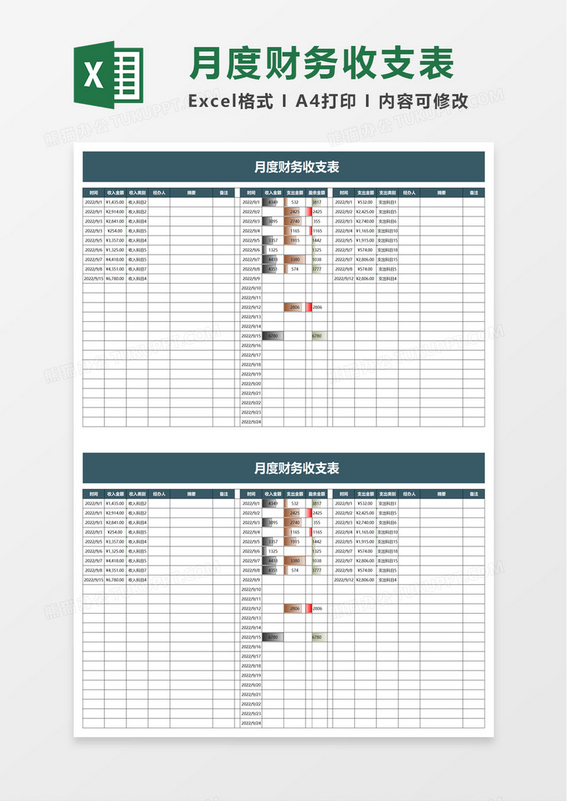 月度财务收支表excel模板