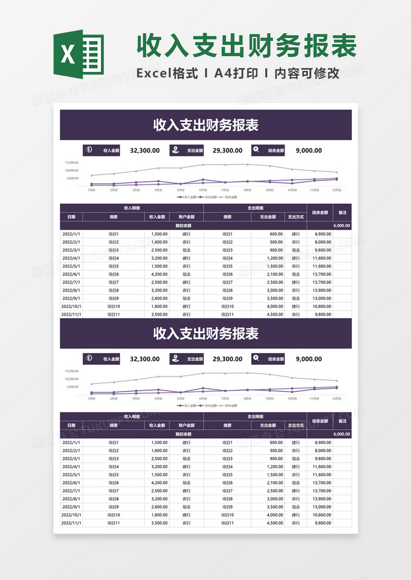 简洁收入支出财务报表excel模板