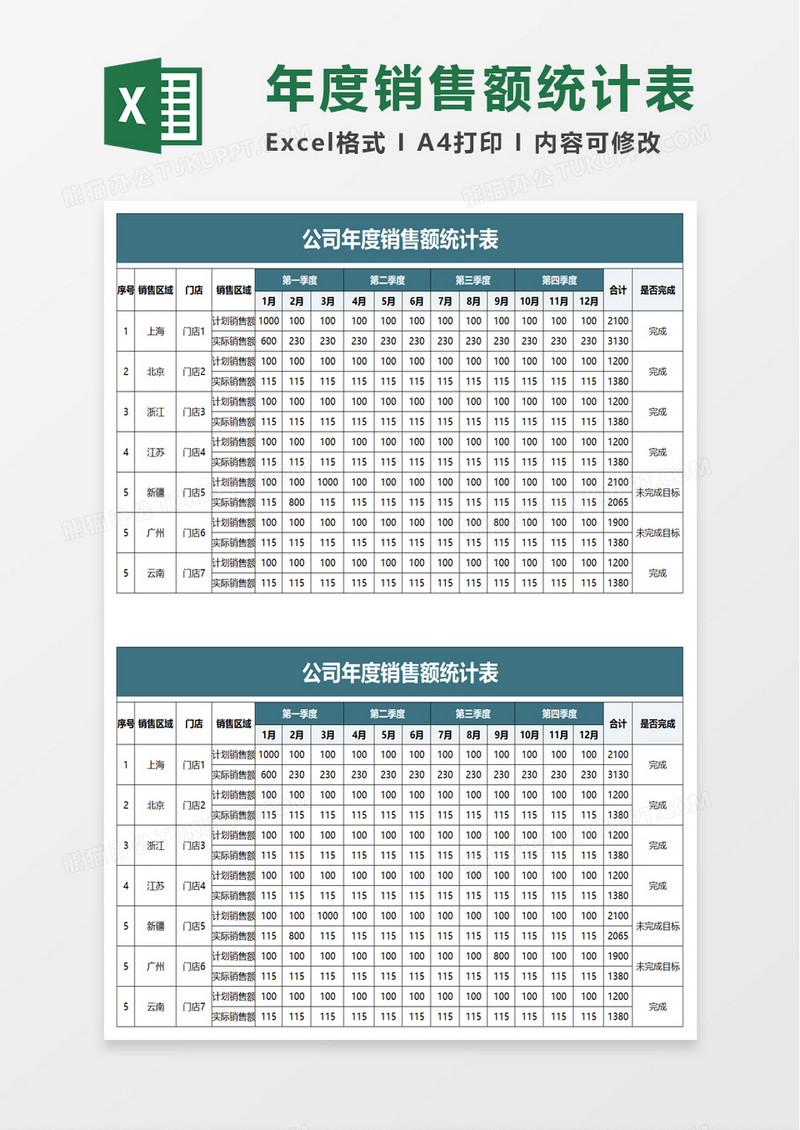 简洁公司年度销售额统计表excel模板