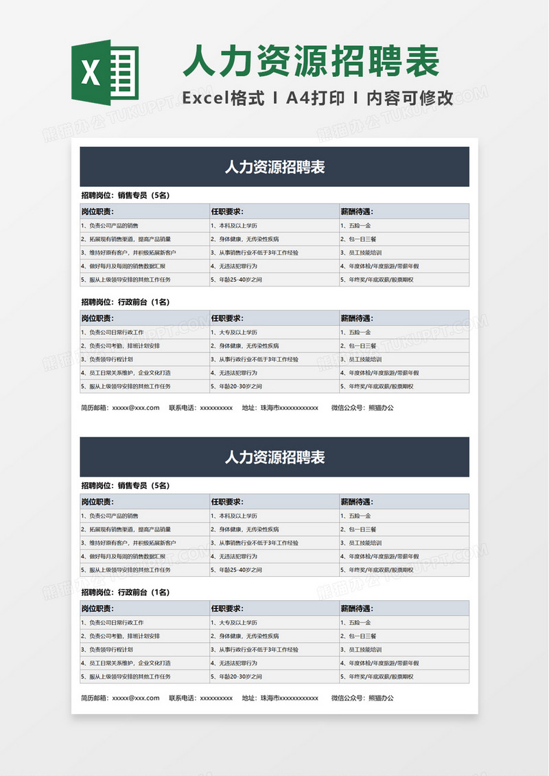 人力资源招聘表excel模板