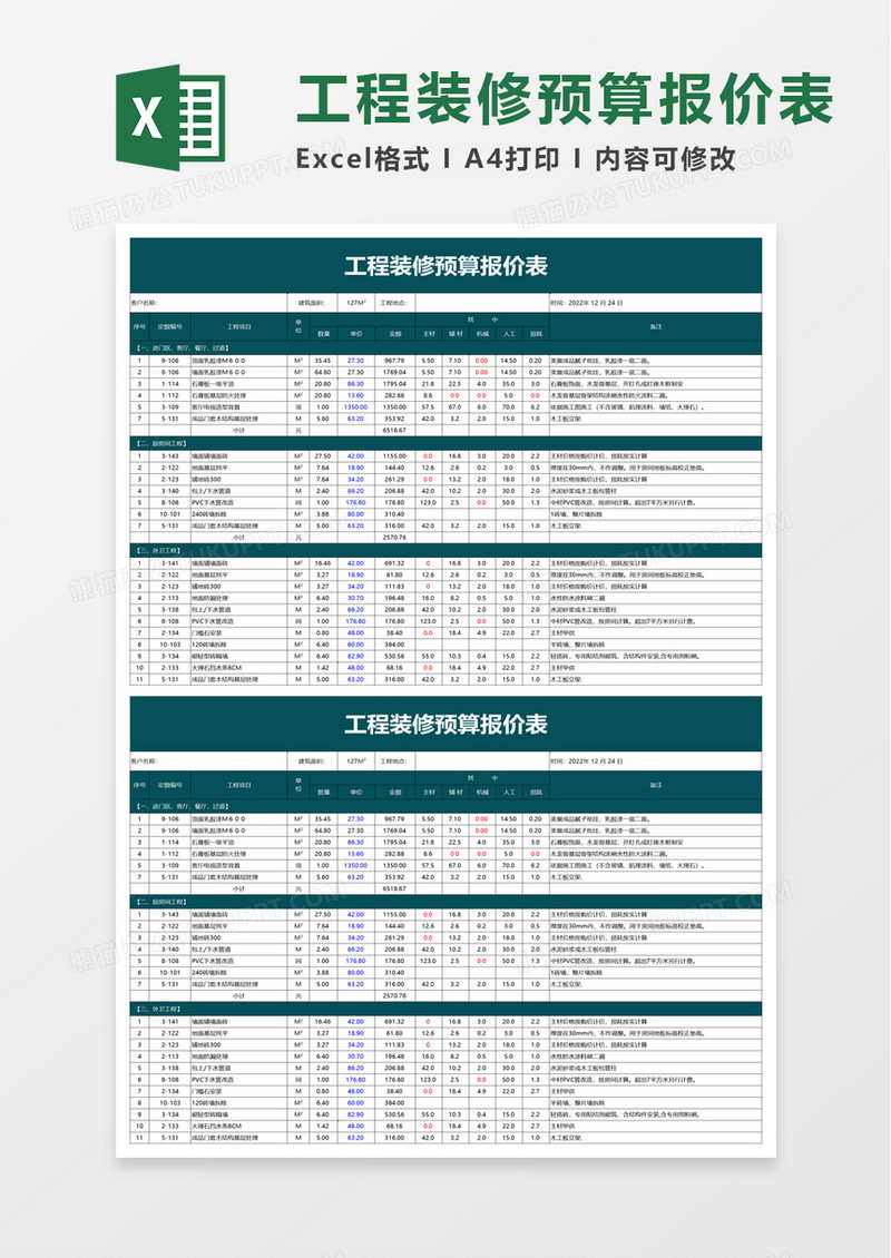 实用工程装修预算报价表excel模板