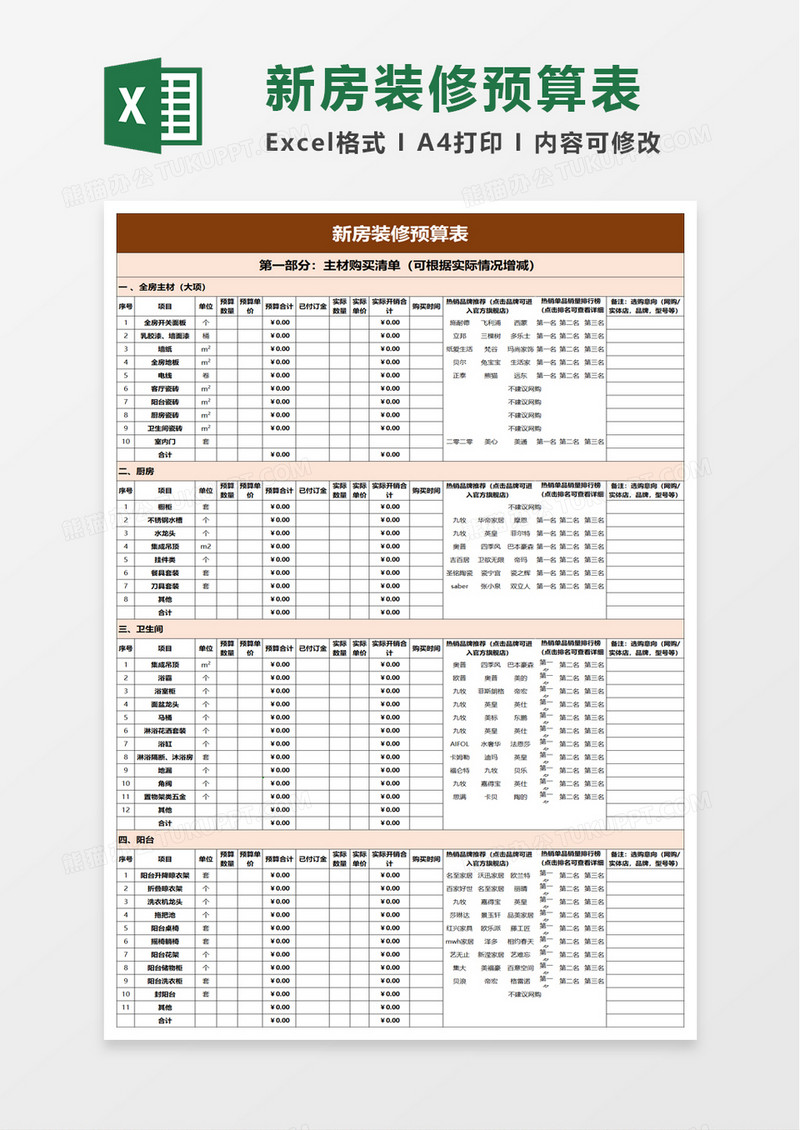 简约实用新房装修预算表excel模板