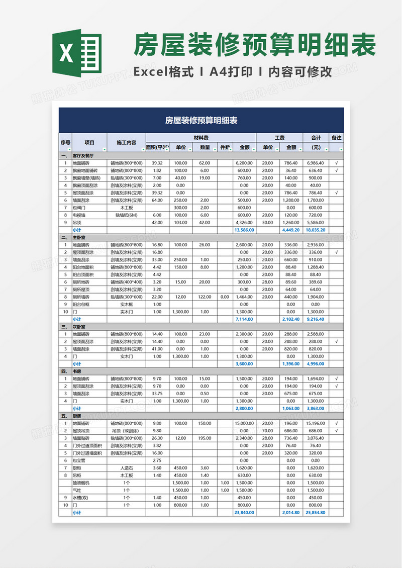 简约房屋装修预算明细表excel模板