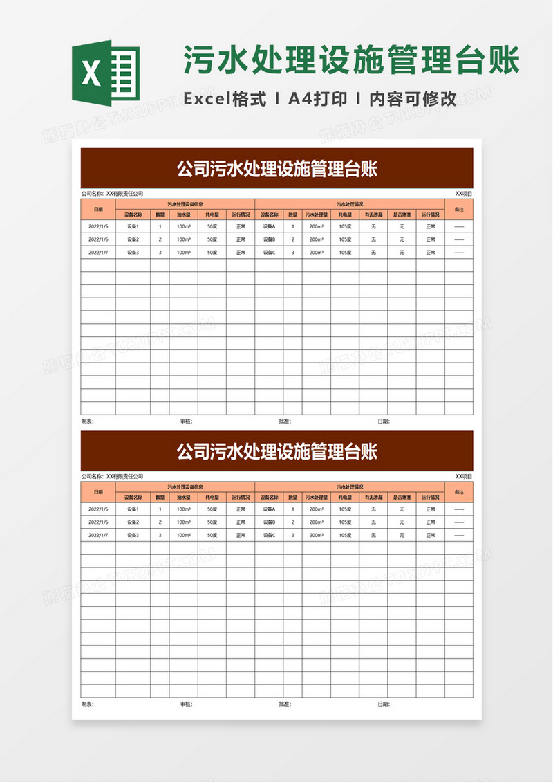 公司污水处理设施管理台账excel模板