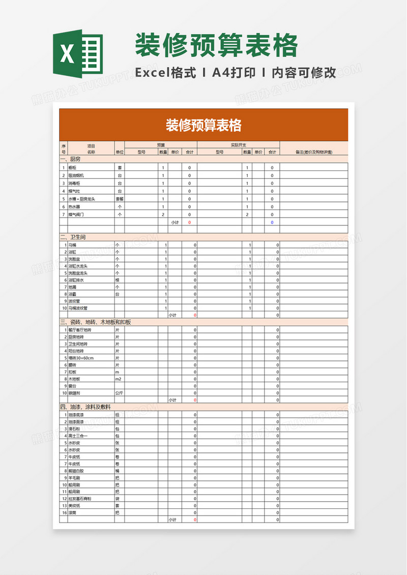 实用装修预算表格excel模板