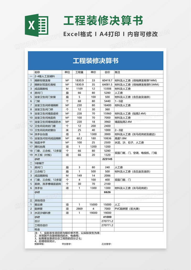 工程装修决算书excel模板