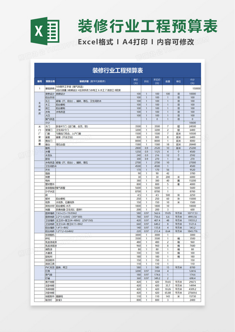 装修行业工程预算表excel模板