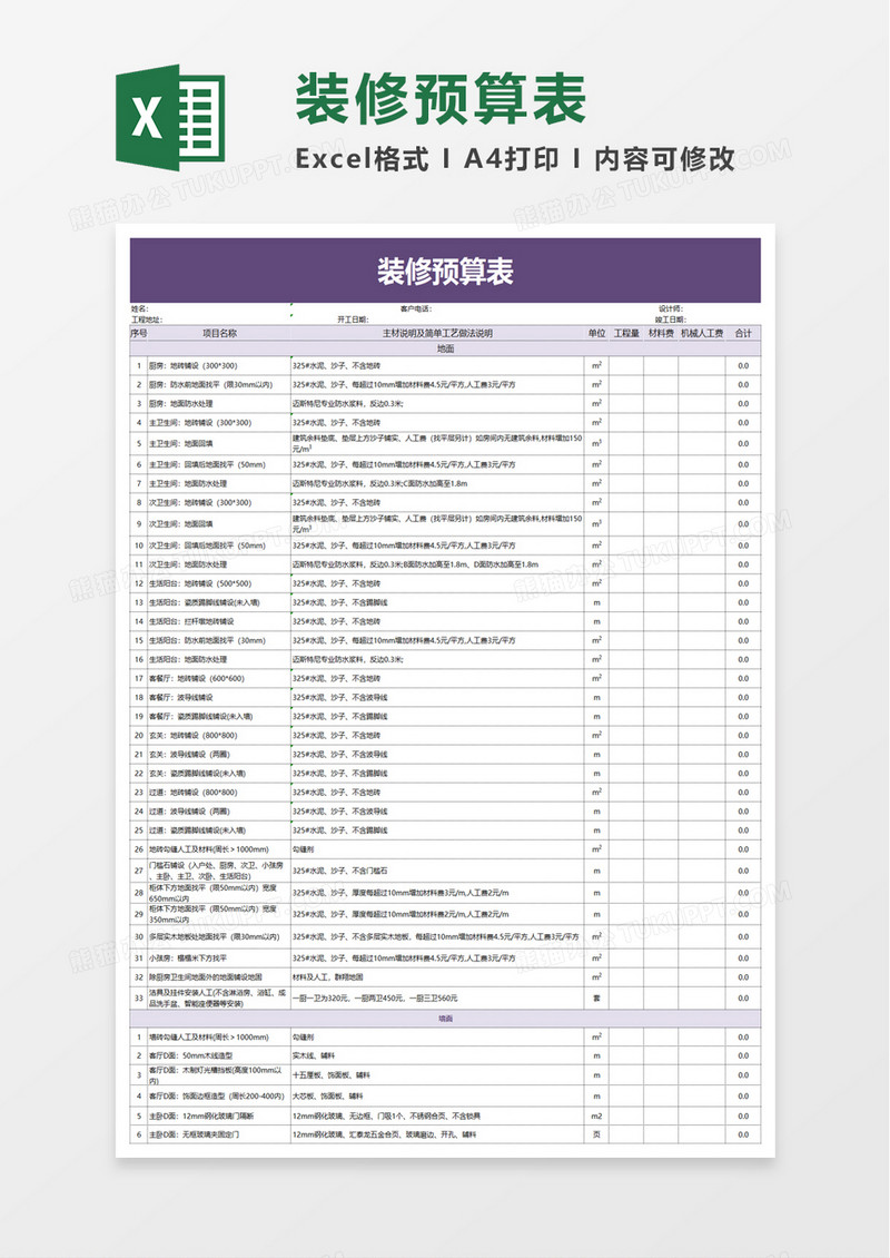 实用商务装修预算表excel模板