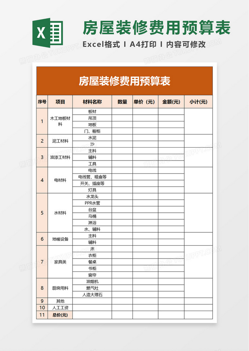 房屋装修费用预算表excel模板