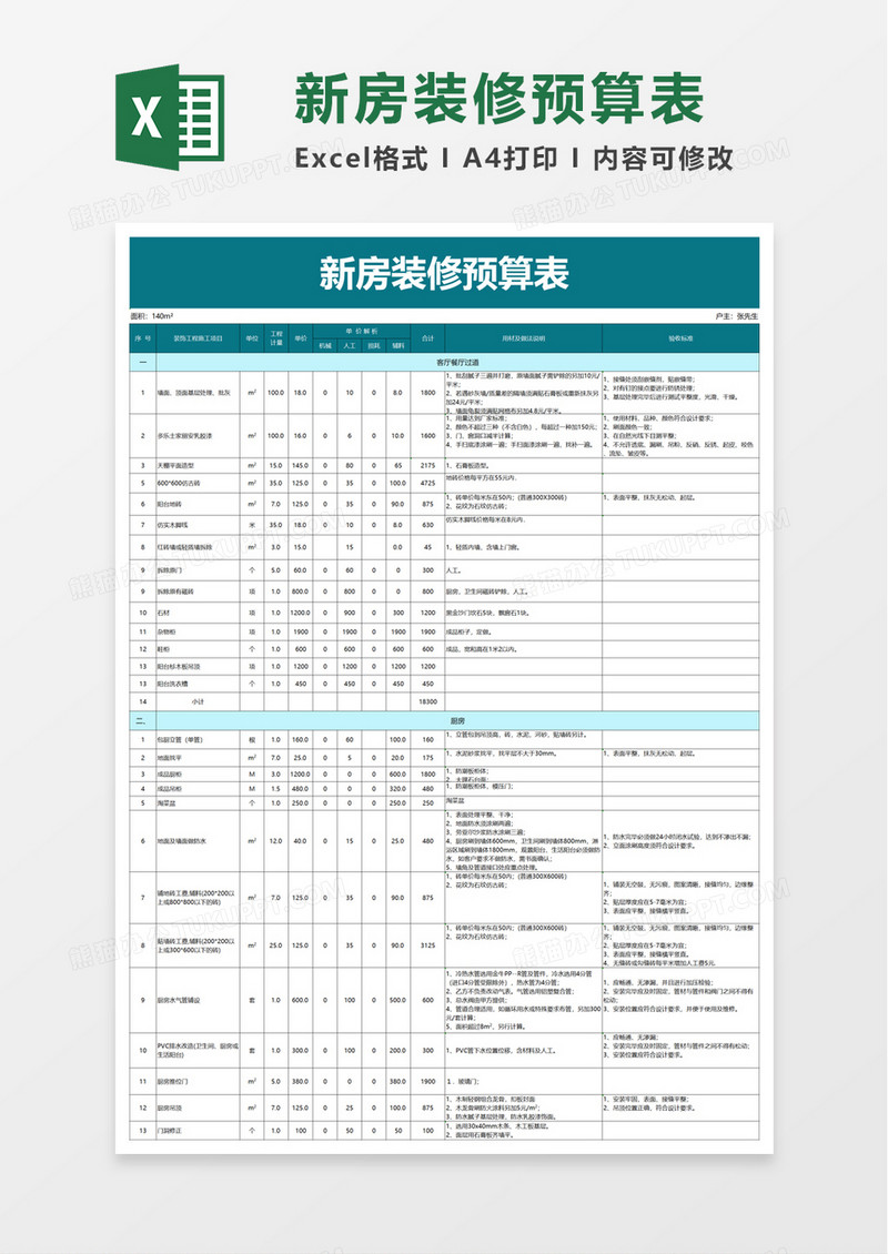 简洁通用新房装修预算表excel模板