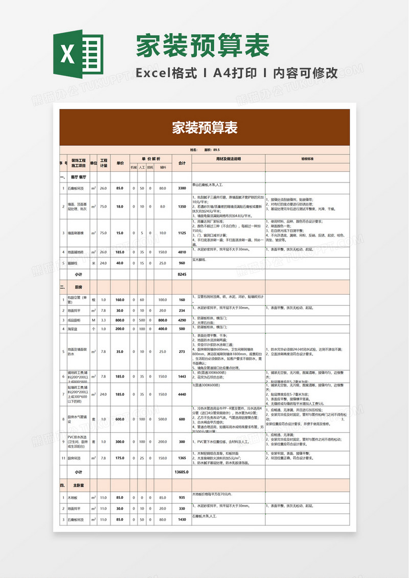 家装预算表excel模板