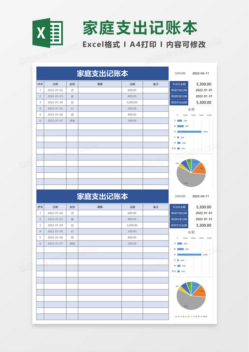 实用家庭支出记账本excel模板