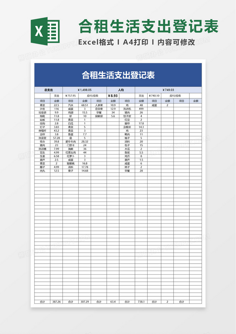 合租生活支出登记表excel模板