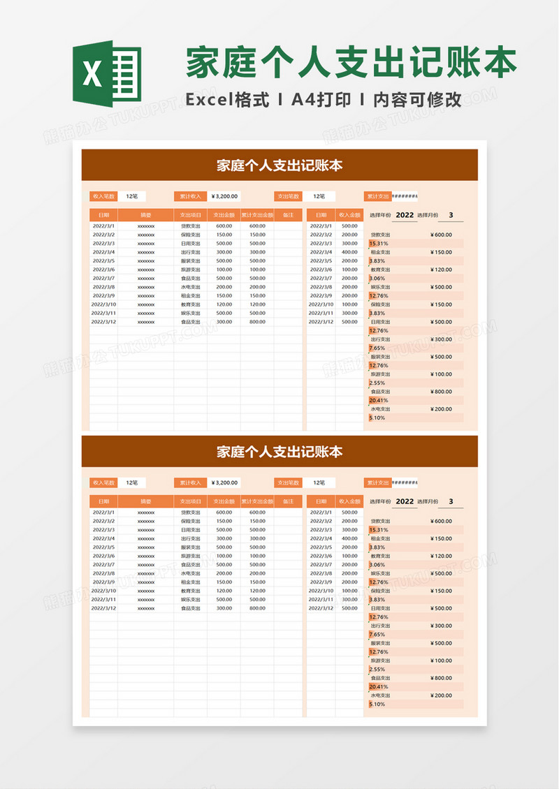 通用家庭个人支出记账本excel模板