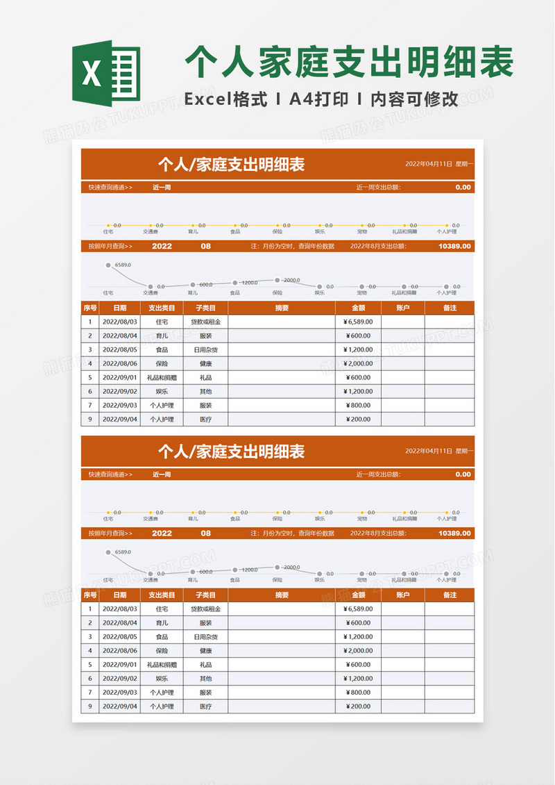 通用个人家庭支出明细表excel模板