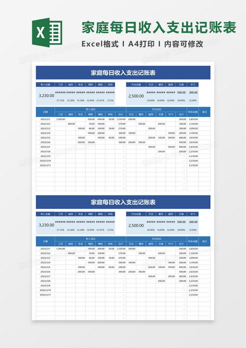 家庭每日收入支出记账表excel模板