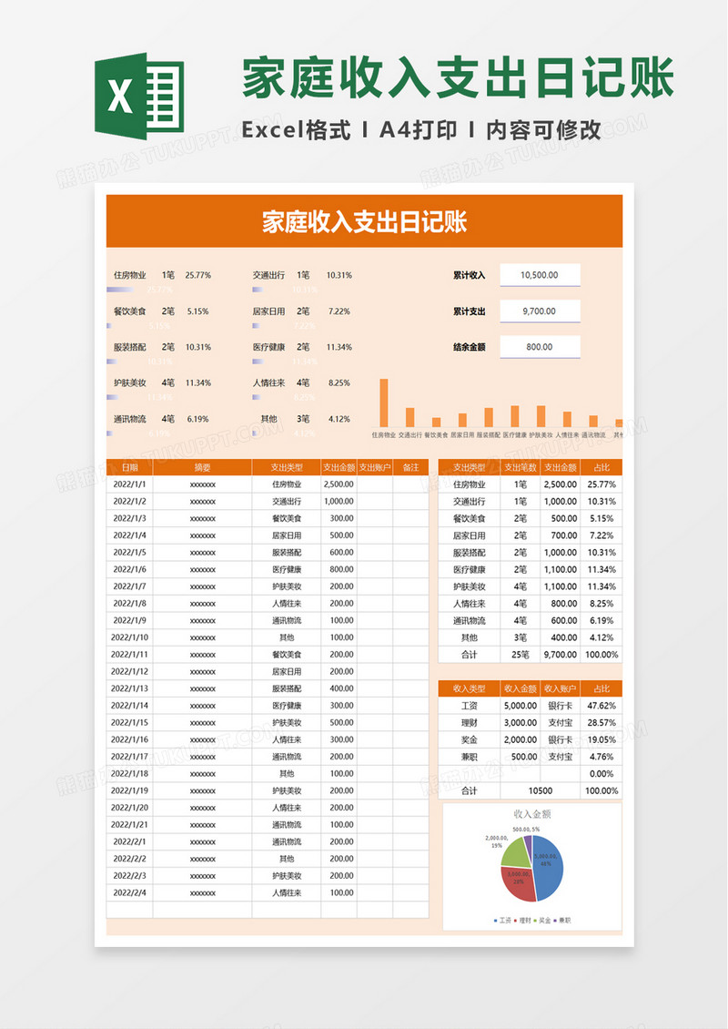 简约家庭收入支出日记账excel模板