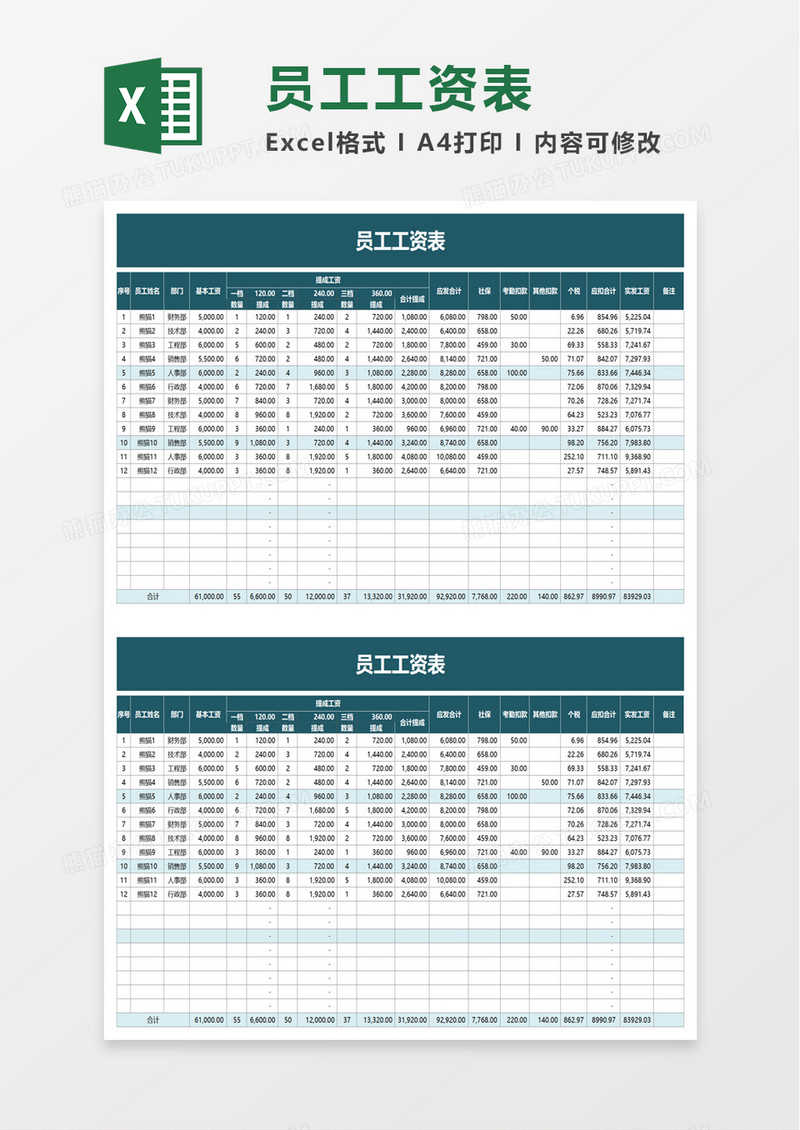 简洁通用员工工资表excel模板