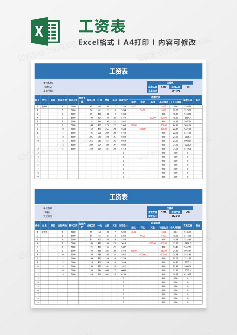 实用通用工资表excel模板